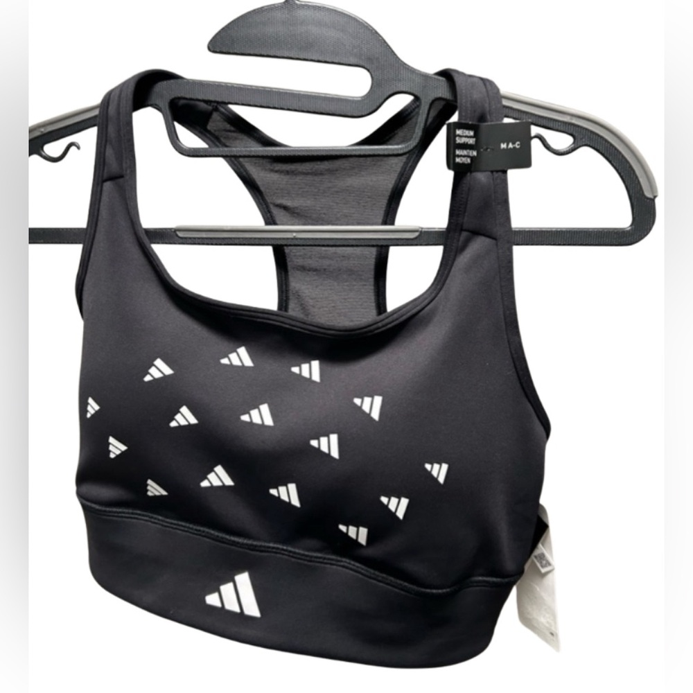 adidas Black Racerback Sports Bra with White Logo Accents